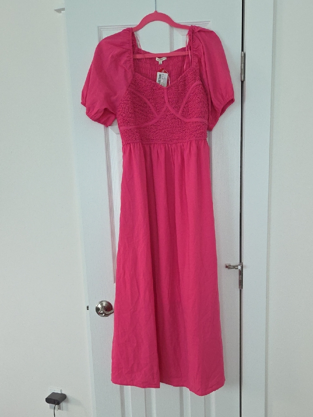 Bright Pink Smocked Bodice Maxi Dress with Puff Sleeves